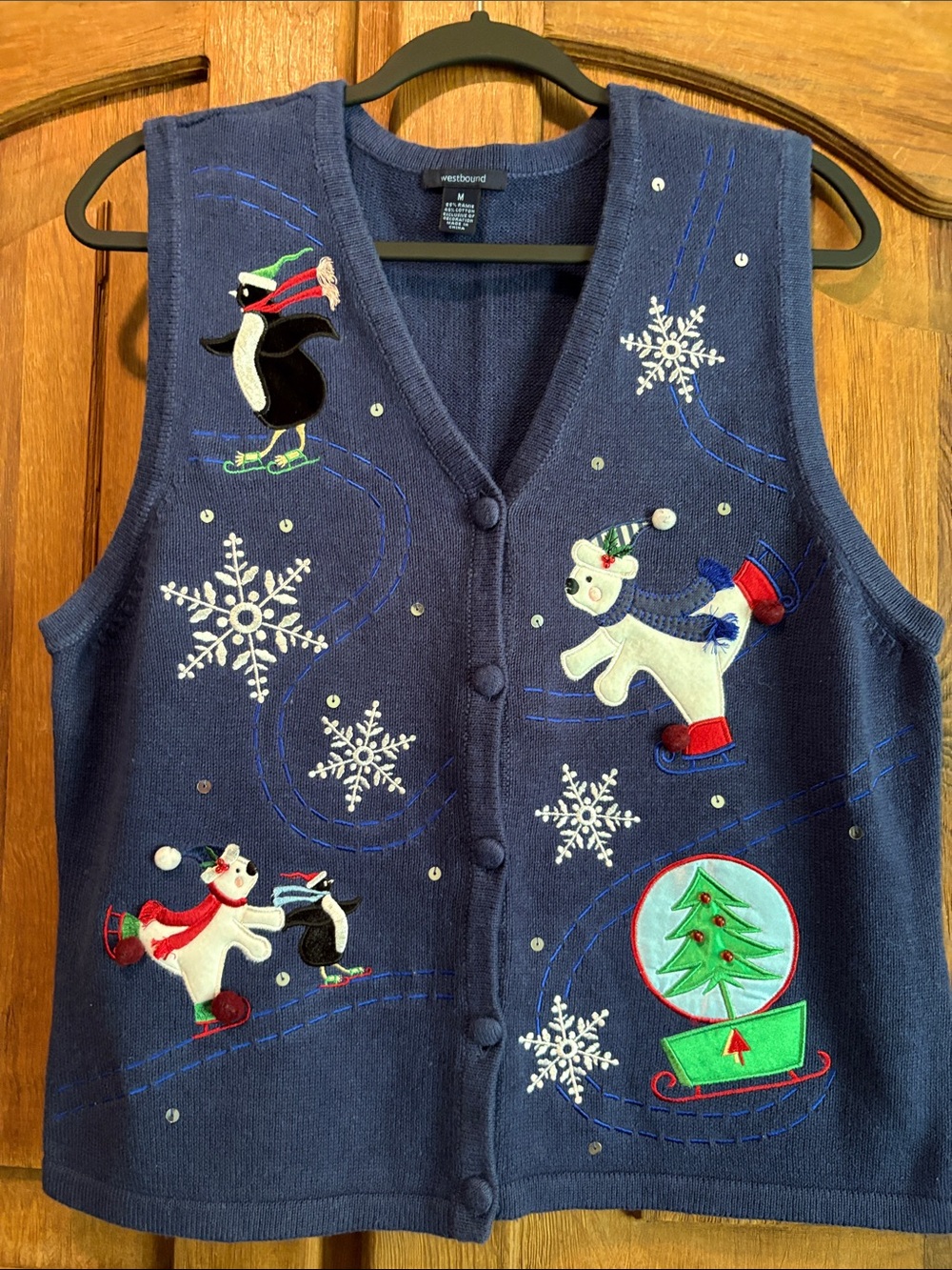Westbound Navy Blue Holiday Ice Skating Vest with Multicolor Appliqués